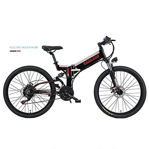 Folding Mountain Bike : YUNYIHUI 26" Folding Bike, Smart Electric bicycle, With 48V Removable Lithium Battery Charging, Shimano 21 Speed Gear, Commuter Bike, 90km, Black-Spoke wheel double battery version