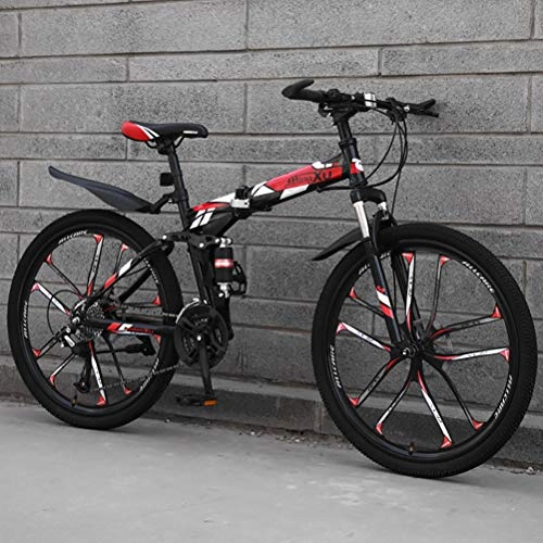 Folding Mountain Bike : ZEIYUQI Double Disc Brake Bicycles 24 Inch Men's Mountain Bikes Foldable High-Carbon Steel Hardtail Mountain Bike Hiking, red, 21 * 24"*6
