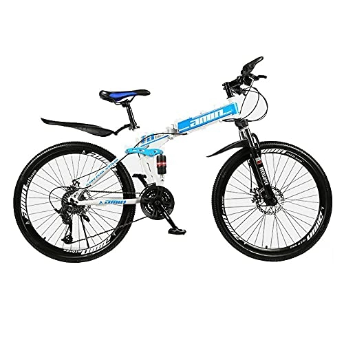 Folding Mountain Bike : Zfeng Outdoor Folding Mountain Bike Bicycle Thickened Steel Folding Frame Portable Hydraulic Double Shock Absorber Off-Road Variable Speed Bicycle -White blue_C-26 inch