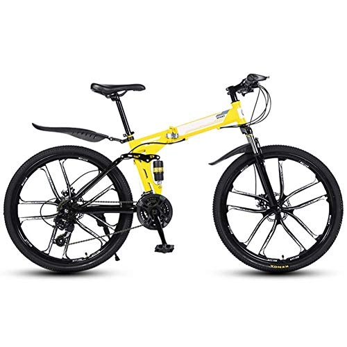 Folding Mountain Bike : ZGQA-GQA Outdoor sports Folding Bike 24 Speed Mountain Bike 26 Inches OffRoad Wheels Dual Suspension Bicycle High Carbon Steel Frames (Color : Yellow)