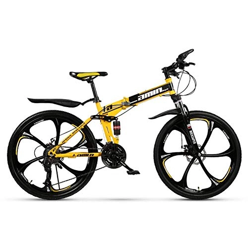 Folding Mountain Bike : ZGQA-GQA Outdoor sports Women And Men Dual Suspension / Disc Brakes 27 Speed Mountain Bike, 26 Inch (Color : Yellow)