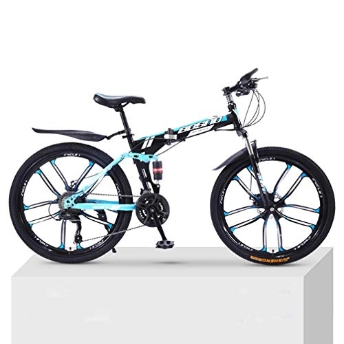 Folding Mountain Bike : ZKHD 30-Speed 10-Knife-Wheel Mountain Bike Bicycle Adult Folding Double Damping Off-Road Variable Speed Unisex Bicycle, black blue, 26 inch