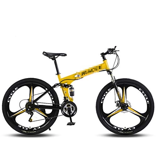 Folding Mountain Bike : ZL 24 Speed Full Suspension MTB Bikes With Strong Spring Shock Speed, 26 Inch High Carbon Steel Frame 3 Spoke Wheels Folding Mountain Bike Bicycle (Color : Yellow)