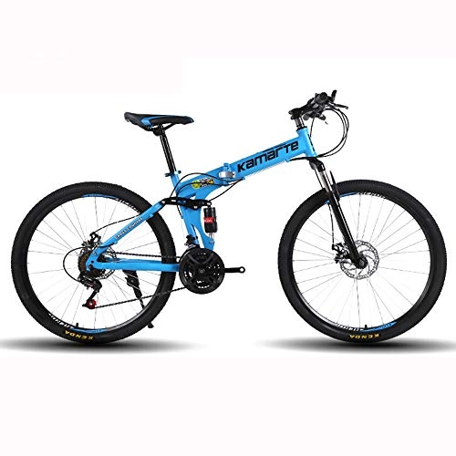 Folding Mountain Bike : ZMCOV Adult Mountain Bike, Men And Women Road Bikes, High-Carbon Steel Hardtail MTB, Folding Bike, Double Shock Disc Brake Speed Adjustable Bicycles, Blue, 24 speed