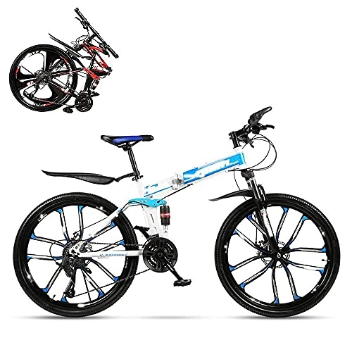Folding Mountain Bike : zmigrapddn Folding Adult Bicycle, 26-inch Hydraulic Shock Off-Road Racing, Lockable U-Shaped Fork, Double Shock Absorption, 21 / 24 / 27 / 30 Speed, Gift Included (Color : Blue, Size : 24)