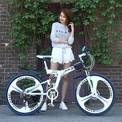 Folding Mountain Bike : ZTIANR Folding Mountain Bike, 24 / 26 Inch Portable Mountain Bicycle for Adult 21 Speed Bicycle Full Suspension MTB with 6-Spoke Stylish Rims, White, 24 inches