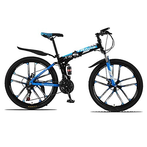 Folding Mountain Bike : ZWPY Mountain Trail Bike, Adult Mountain Bike, 26 Inch Wheels, High Carbon Steel Folding Outroad Bicycles, 21-Speed MTB Bicycle (Blue Black)
