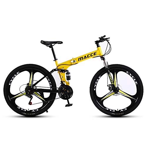 Folding Mountain Bike : ZWW Adult Folding Mountain Bike, 26In 27-Speed Outdoor Full Suspension Disc Brake Unisex Portable Off-Road Carbon Steel Bicyle Suitable for Commuting / Travel, Yellow
