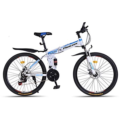 Folding Mountain Bike : ZWW Foldable Mountain Bike, 26In 27-Speed Portable Adult Off-Road Bike with Lockable Shock-Absorbing Front Fork Suitable for Commuting / Traveling / Sports Fitness, white bule