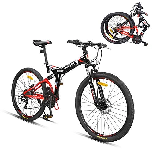 Folding Mountain Bike : ZWW Folding Mountain Bike, 26In 24-Speed High-Carbon Steel Full Suspension Dual-Disc Brake Adult Outdoor Bike Suitable for Commuting / Travel / Sports Fitness, black red