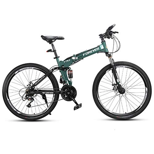 Folding Mountain Bike : ZWW Folding Mountain Bike, Portable 26In 24-Speed High Carbon Steel Adult / Teenager Off-Road Bicycle with Shock Absorption System - Commuting / Travel / Sports Fitness, green