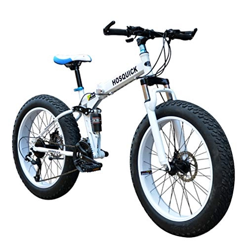 Folding Mountain Bike : ZXCY 26 Inches Mountain Bike Fat Bike Off-Road Beach Folding Snow Bike Wide Tire Bicycle with Variable Speed Dual Brake And Shock Suspension Adult Outdoor Riding, White