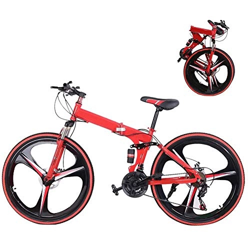 Folding Mountain Bike : ZXL Mountain Bike, High Carbon Steel Dual Suspension Frame Mountain Bike, 21 Speed Gears Folding Outroad Bike with 26 Inches 6-Spoke Rims, Red