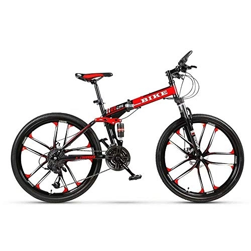 Folding Mountain Bike : ZXM Foldable MountainBike 24 / 26 Inches, MTB Bicycle with 10 Cutter Wheel, Black&Red