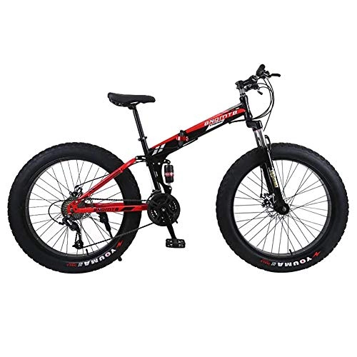 Folding Mountain Bike : ZXYMUU 24 Speed 4.0 Fat Tire Bike, 24 / 26 Inch Foldable Mountain Bike, High Carbon Steel Frame with Double Disc Brakes, black red, 24in