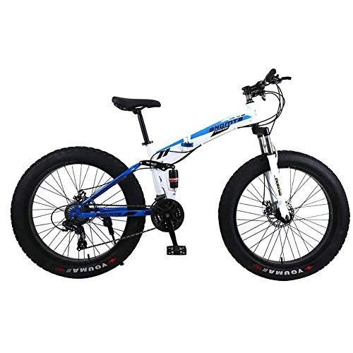 Folding Mountain Bike : ZXYMUU 24 Speed Mountain Bike, Foldable Fat Tire Beach Snow Bicycle with Double Disc Brake And Fork Rear Suspension, White blue, 26in