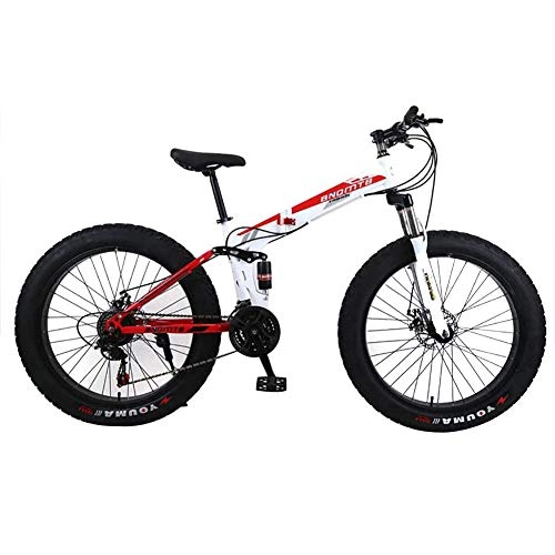 Folding Mountain Bike : ZXYMUU 24 Speed Mountain Bike, Foldable Fat Tire Beach Snow Bicycle with Double Disc Brake And Fork Rear Suspension, white red, 24in