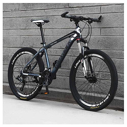 Mountain Bike : 26 Inch Mountain Bike HighCarbon Steel Frame Double Disc Brake and Suspensions 27 Speeds Unisex Gray