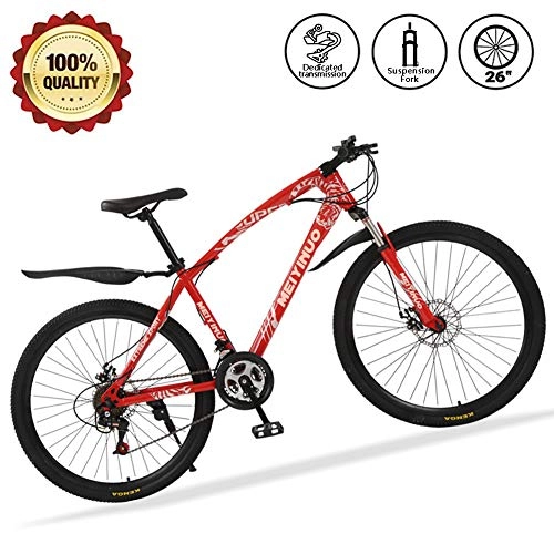 Mountain Bike : 26" Men's Mountain Bike 27 Speed Front Suspension Dual Disc Brakes Student Bicycle Lightweight High-Carbon Steel Off-Road Bike with Front Rear Mudgard, Red, 30 spokes