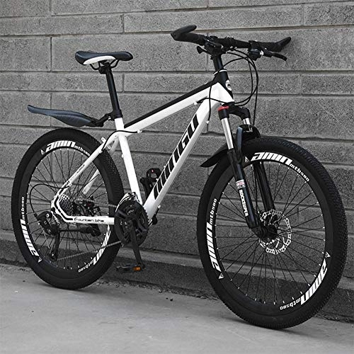 Mountain Bike : Adult Carbon Steel Mountain Bike, 26 Inch Wheels, 21-24-27 Speed Variable Speed Gears Dual Disc Brakes Shock Absorption Mountain Bicycle, white and black, 27 speed