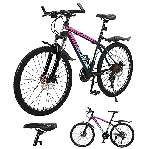 Mountain Bike : Adult Mountain Bike, 26-Inch Spoked Wheels, Mens / Womens 27 Speed Mountain Bicycles, Dual Disc Brake Suspension Mountain Bicycle Road, Lightweight Strong Steel Frame (pink)
