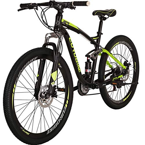 Mountain Bike : Adult Mountain Bike, 27.5-Inch Wheels, Mens / Womens 17.5-Inch Carbon steel Frame, 21 Speed, Disc Brakes, Double suspension (Green)