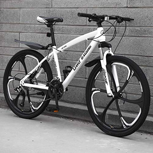 Mountain Bike : Alqn Adult Mountain Bike, High-Carbon Steel Frame Beach Bicycle, Double Disc Brake Off-Road Snow Bikes, 24 inch Six Knives Magnesium Alloy Integrated Wheels, White, 21 Speed