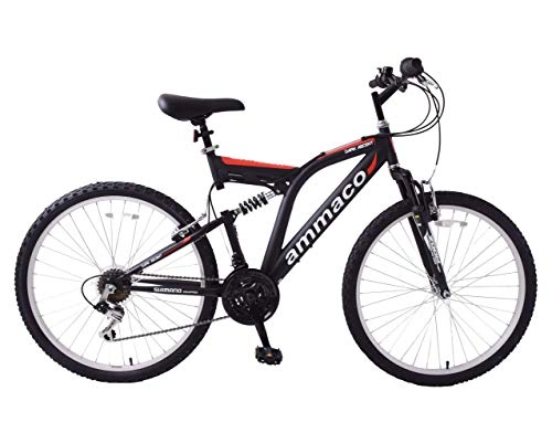 Mountain Bike : Ammaco. Dark Ascent 24" Dual Suspension Mountain Bike Shimano 18 Speed Black / Red 14" Frame