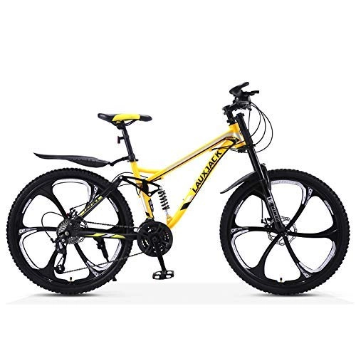 Mountain Bike : AZYQ 26 inch Mountain Bikes, Adult Student Dual Disc Brake Mountain Bicycle, High-Carbon Steel Frame All Terrain Bikes, Dual Suspension, Black 6 Spoke, 21 Speed, Yellow 6 Spoke, 24 Speed
