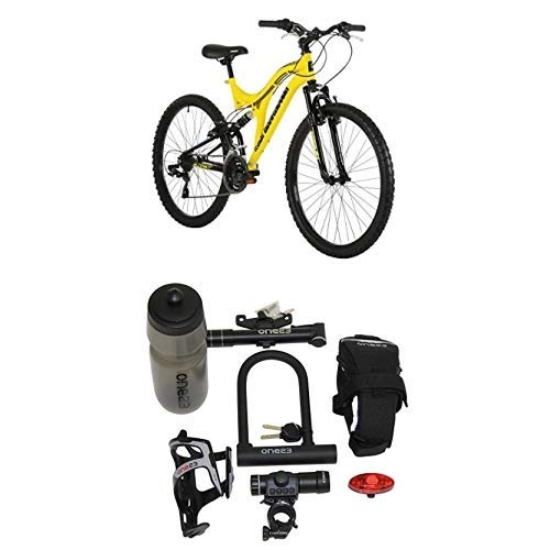 Mountain Bike : Barracuda Unisex Draco Ds Wheel 18 Inch Full Suspension Frame Mountain Bike, Yellow, 26 with Cycling Essentials Pack