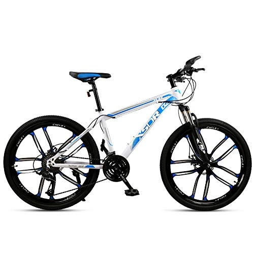 Mountain Bike : Chengke Yipin Mountain bike Outdoor student bicycle 24 inch One wheel Spring front fork High carbon steel frame Double disc brakes City road bike-White blue_21 speed