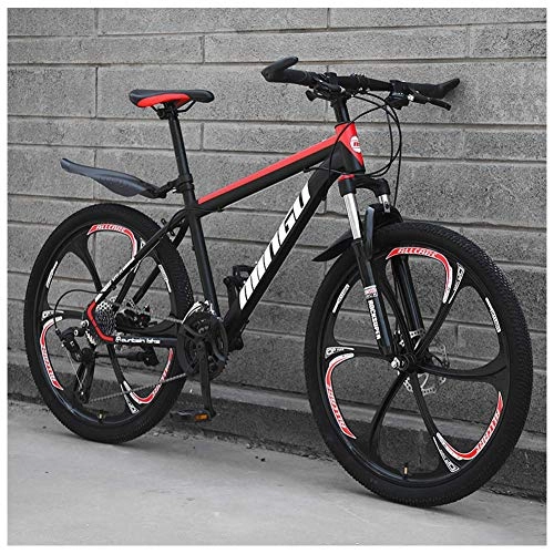 Mountain Bike : CWZY 24 Inch Mountain Bikes, Mens Women Carbon Steel Bicycle, 30-Speed Drivetrain All Terrain Mountain Bike with Dual Disc Brake, 21Vitesses, Black Red 6 Spoke
