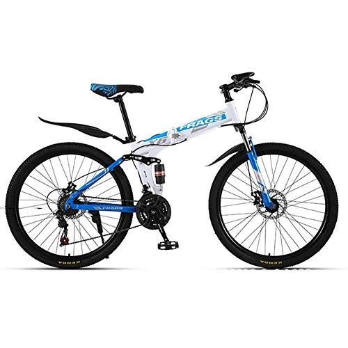 Mountain Bike : Dual Disc Brakes Shock Absorption Mountain Bicycle, Adult Carbon Steel Mountain Bike, 26 Inch Wheels, 21 Speed Variable Speed Gears (White Blue) fengong