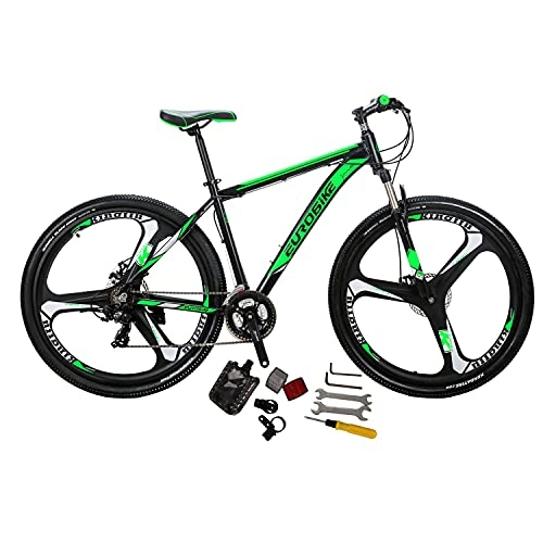Mountain Bike : Eurobike Bikes X9 Aluminum Frame Mountain Bike 29 Inches 3-Spoke Wheels 21 Speed Dual Disc Brake Bicycle Black Green
