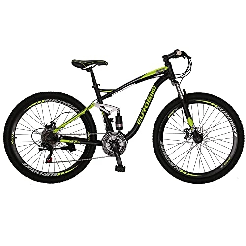 Mountain Bike : Eurobike Dual suspension Mountain Bike 27.5 Inches Muti Spoke Wheel Mens Mountain Bike Dual Disc Brake Bicycle for Women E7 Blackgreen