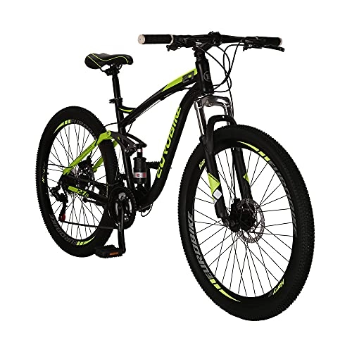 Mountain Bike : Eurobike E7 27.5 Inch Adult Mountain Bike Steel Frame Bicycle 21 Speed Gears Full Suspension MTB Bikes For Men And Woman (Green)