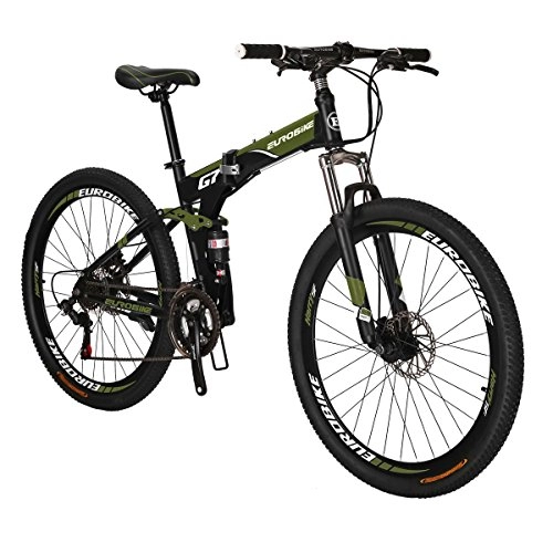 Mountain Bike : Eurobike G7 Mountain Bike 21 Speed Steel Frame 27.5 Inches Spoke Wheels Dual Suspension Folding Bike Armygreen