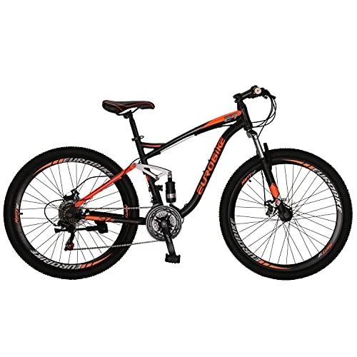 Mountain Bike : Eurobike JMC E7 Mountain Bike 27.5 Inch 21 Speed Full Suspension Frame Disc Brakes MTB Bikes (Orange)