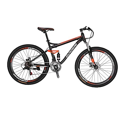 Mountain Bike : Eurobike S7 27.5 Inch Adult Mountain Bike Steel Frame Bicycle 21 Speed Gears Full Suspension MTB Bikes For Men And Woman (S7 orange)