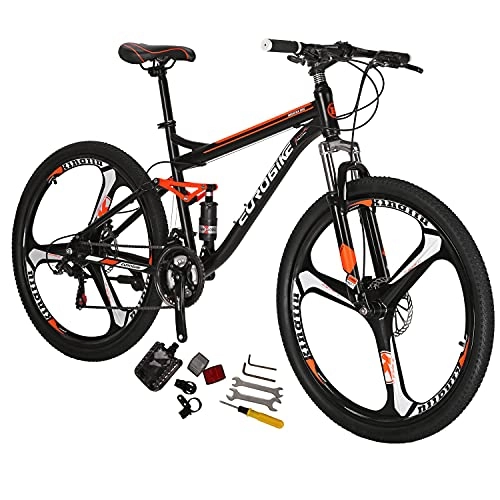 Mountain Bike : Eurobike S7 Mountain Bike 21 Speed Dual Suspension Mountain Bike 27.5 Inches Mag Wheels Bicycle Black Orange