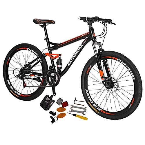 Mountain Bike : Eurobike S7 Mountain Bike 21 Speed Dual Suspension Mountain Bike 27.5 Inches Spoke Wheels Bicycle Black Orange