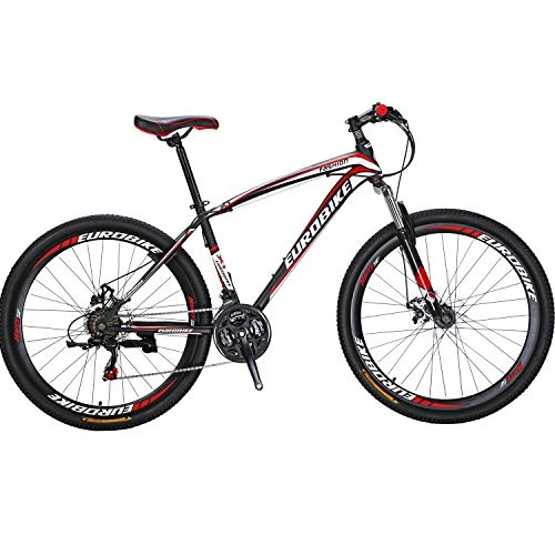 Mountain Bike : Eurobike X1 27.5 Mens Mountain bike Daul Disc Brake 21 Speed Bicycle Front Suspension MTB (Red)