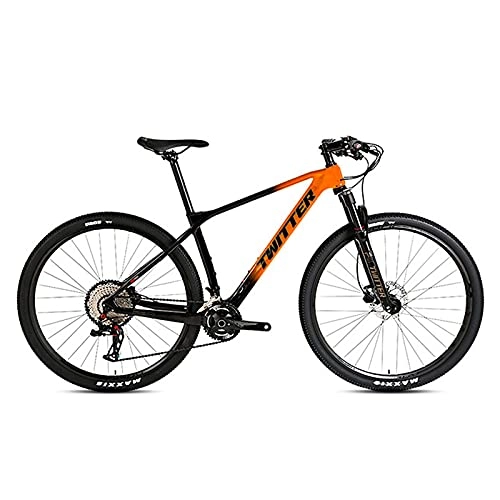 Mountain Bike : EWYI 27.5 / 29 Inch Mountain Bike, Carbon Fiber MTB, Shock Absorption Outdoor Riding Variable Speed Cross-country Student Bicycle, Aluminum Alloy Mountain Non-slip Pedals Black Orange-27.5
