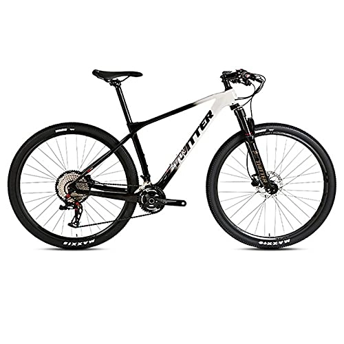 Mountain Bike : EWYI 27.5 / 29 Inch Mountain Bike, Carbon Fiber MTB, Shock Absorption Outdoor Riding Variable Speed Cross-country Student Bicycle, Aluminum Alloy Mountain Non-slip Pedals Black White-27.5