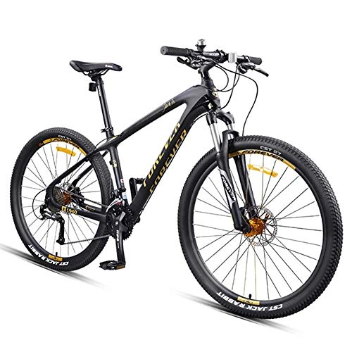 Mountain Bike : FANG 27.5 Inch Mountain Bikes, Carbon Fiber Frame Dual-Suspension Mountain Bike, Disc Brakes All Terrain Unisex Mountain Bicycle, Gold, 27 Speed