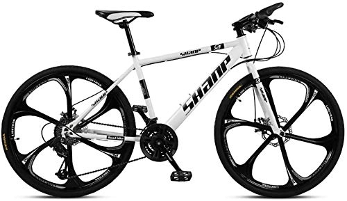 Mountain Bike : FANLIU 26 Inch Mountain Bikes, Men's Dual Disc Brake Hardtail Mountain Bike, Bicycle Adjustable Seat, High-carbon Steel Frame, 21 Speed, White 6 Spoke (Color : 21 Speed, Size : White 6 Spoke)