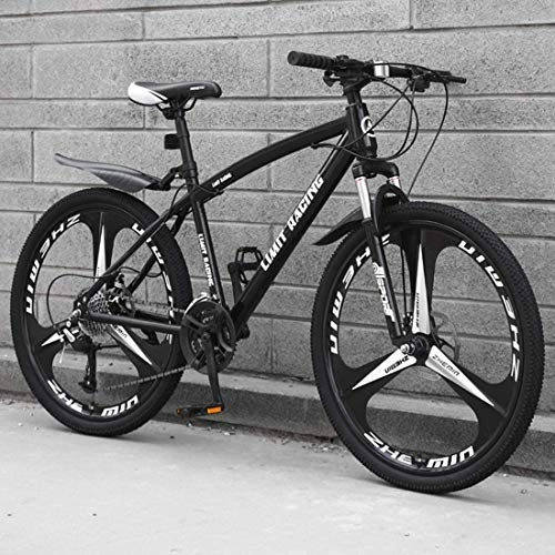 Mountain Bike : FFKL Shock-Absorbing Mountain Bike, 24 Inch 3-Spoke One-Piece Wheel Off-Road Bicycle, Double Disc Brake, High Carbon Steel Hard Tail Frame, Black-21 speed