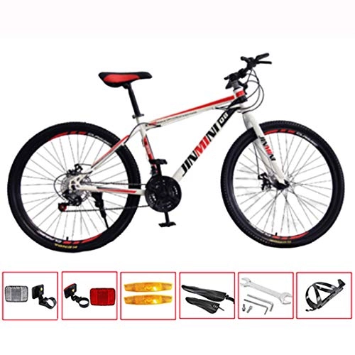 Mountain Bike : GL SUIT Mountain Bike Bicycle for Adult, Lightweight Carbon Steel Frame 24-Speed Dual Disc Brakes Hard Tail Dirt Bike with Tools Bottle Holder Light Bar, White Red, 26 inches