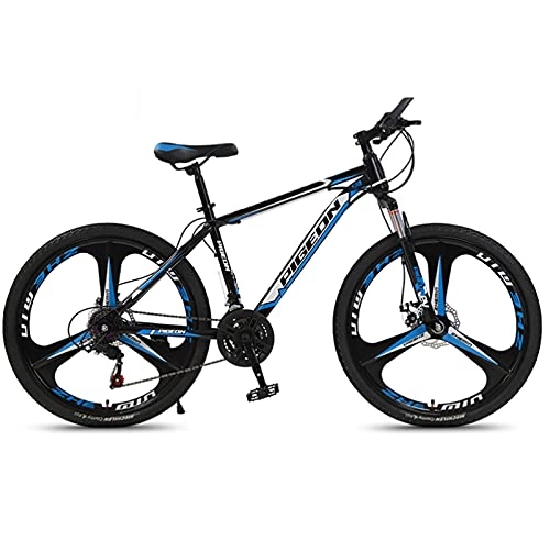 Mountain Bike : GREAT 26” Mountain Bike, 21Speed 3 Spokes Wheels Teenager Bicycle High Carbon Steel Frame Commuter Bike Double Disc Brake Full Suspension Road Bike(Color:Blue)