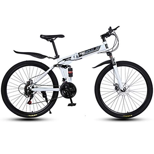 Mountain Bike : GXQZCL-1 Folding Mountain Bike, Full Suspension Bicycles, Carbon Steel Frame, Dual Disc Brake, 26inch Spoke Wheels MTB Bike (Color : White, Size : 21-speed)